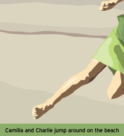 Camilla and Charlie jump on the beach